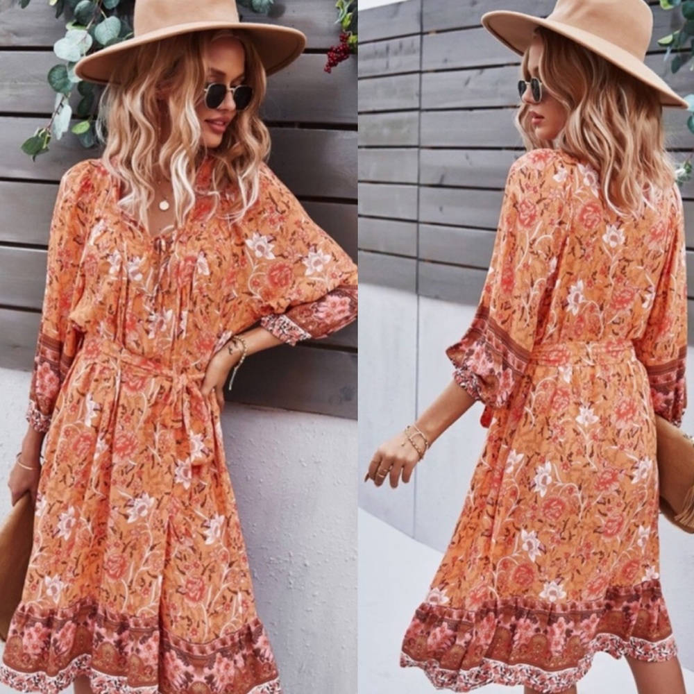 Boho floral print belted 3/4 sleeve dress - Picture 8 of 9